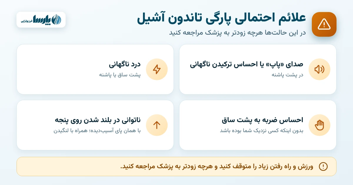 علائم احتمالی پارگی تاندون آشیل: صدای پاپ، درد ناگهانی، احساس ضربه به پشت ساق و ناتوانی در بلند شدن روی پنجه
